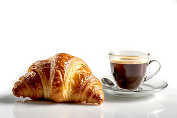 Toasted appetizing croissant and a cup of coffee on a white background