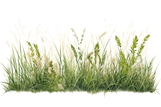 A patch of tall, untamed grass with delicate seed heads and vibrant green stems, isolated on a white background.