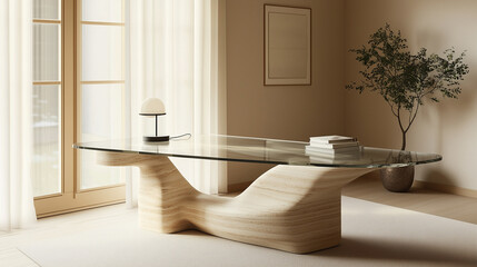 Minimalist Asymmetrical Desk with Glass Surface and Light Wood Accents