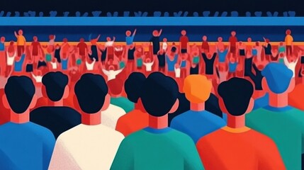 Obraz premium An animated crowd of cheering fans, wearing colorful clothing, raises their hands in excitement during a lively event or game.
