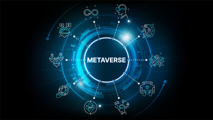 Futuristic Metaverse Concept with Iconic Visuals Representing Virtual Reality, Digital Interaction, and Augmented Experiences in a Connected Digital Ecosystem, vector illustration