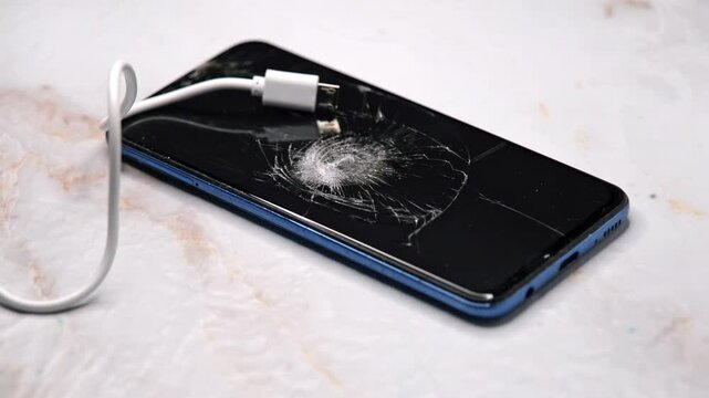 Damaged Phone Screen and Cable on Grunge Background 