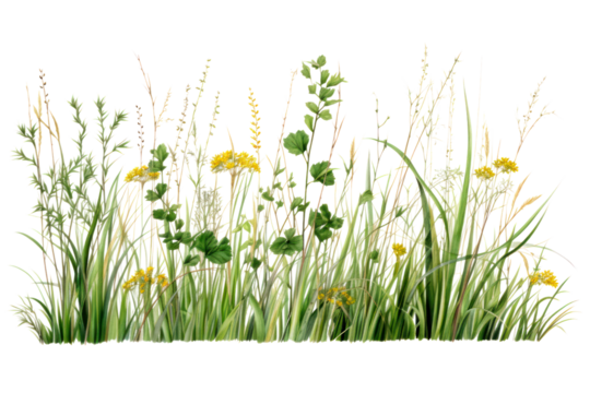 A patch of tall, untamed grass with delicate seed heads and vibrant green stems, isolated on a white background.