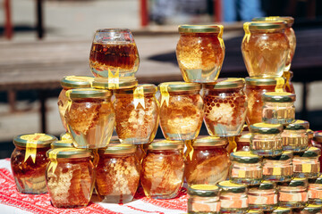 Zagreb, Croatia - August 15, 2024: Honey stall at Zagreb's central food market