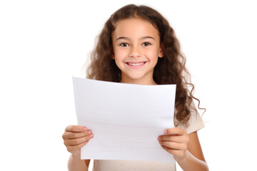 A happy young girl holding a completed homework sheet with a satisfied grin, isolated on white background