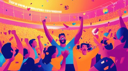 A colorful illustration of enthusiastic fans celebrating a sports victory in a stadium, filled with vibrant energy and excitement.