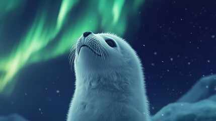 Naklejka premium Cute little white seal, looking up at the sky, with auroras in sight.