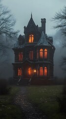 A large, old house with numerous windows in the style of Gothic architecture, with warm light inside and eerie lights outside, surrounded by dark trees on an autumn evening