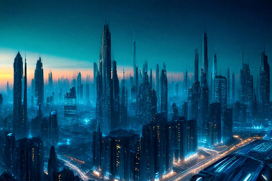 Una ciudad futurista iluminada de noche, con edificios altos y luces ne&oacute;n vibrantes que crean una atm&oacute;sfera moderna y tecnol&oacute;gica. Una visi&oacute;n de una metr&oacute;poli del futuro llena de energ&iacute;a y dinamismo.