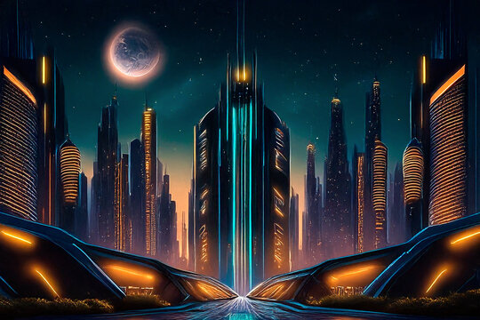 Una ciudad futurista iluminada de noche, con edificios altos y luces ne&oacute;n vibrantes que crean una atm&oacute;sfera moderna y tecnol&oacute;gica. Una visi&oacute;n de una metr&oacute;poli del futuro llena de energ&iacute;a y dinamismo.