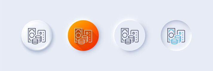Credit card line icon. Neumorphic, Orange gradient, 3d pin buttons. Change money sign. Cash banknotes symbol. Line icons. Neumorphic buttons with outline signs. Vector