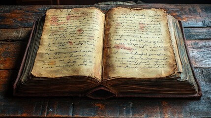 Obraz premium An open ancient book with faded handwritten pages on a wooden table.