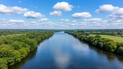 Obraz premium Experience the Serenity of River Landscapes Embraced by Lush Green Trees Under a Clear Blue Sky