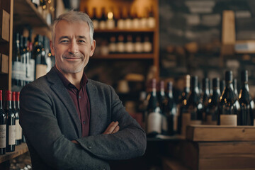 A male seller in a wine shop stands behind the counter and smiles. Profession seller, shopping concept. Advertising banner.