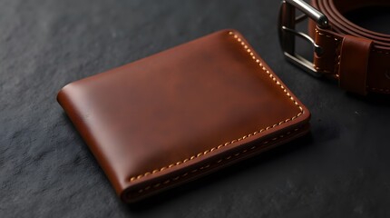 Brown leather wallet on a dark background next to a leather belt. Brown leather goods. Leather accessories.