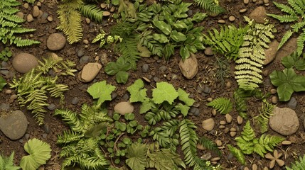Enchanting Forest Floor Composition with Ferns, Pebbles, and Soil Layers on Textured Canvas