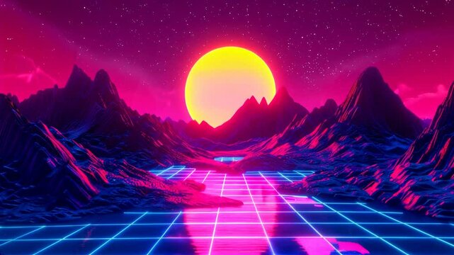 Paisaje con una red de luces de ne&oacute;n, sol y monta&ntilde;as. Ilustraci&oacute;n futurista de ciencia ficci&oacute;n. Retrowave, synthwave o vaporwave de los a&ntilde;os 80.