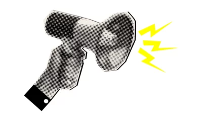 Fototapete Rund loudspeaker in hand in halftone style,vintage collage element,cut out from  magazine © Emma