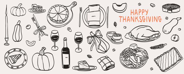 Hand drawn chalk food icons. Thanksgiving dinner table vector illustrations in Ink line style. Wine glass, turkey, pumpkin pie drawings for family invitations, greetings, cafe menus and parties.