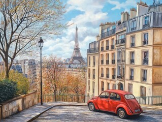 Obraz premium A painting of a Paris city street with a red car parked on the side of the road