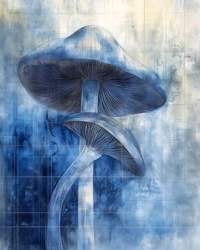 two mushrooms standing middle blue color naturalistic technique white cap parallelism shaded cognition