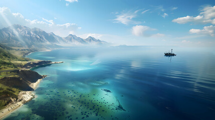 A serene coastal landscape with mountains, clear waters, and an offshore platform.
