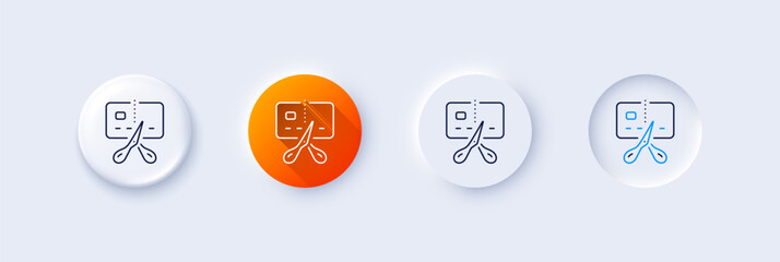 Bankrupt line icon. Neumorphic, Orange gradient, 3d pin buttons. Cut credit card sign. Bank card with scissors symbol. Line icons. Neumorphic buttons with outline signs. Vector