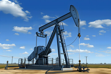 A pumpjack extracting oil in a rural landscape under a clear blue sky.