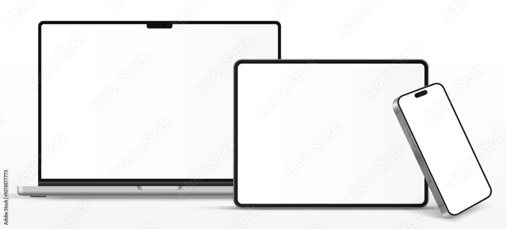 Fototapete Modern laptop mockup front view and high quality smartphone and tablet mockup isolated on white background. Notebook mockup and phone device mockup for ui ux app and website presentation.Stock Vector.