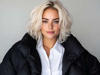 A woman with blonde hair wearing a black puffer jacket