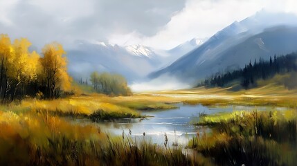 mountain landscape river floats air standing pond marshes mate ground covered sunny stands easel autumn