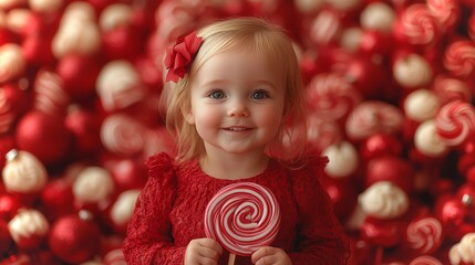 Adorable Caucasian baby in a red dress joyfully playing with a large lollipop surrounded by candy