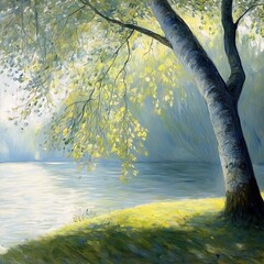 tree lake sun shining branches absolute peace quiet ground river soft gradients bright day mental realistically shaded