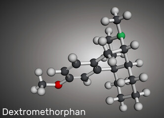 Dextromethorphan (DXM) molecule. Antitussive drug. Molecular model. 3D rendering