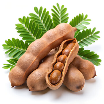 Tamarind fruits with green leaves isolated on white background.
