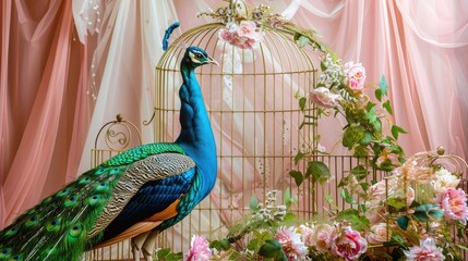 Elegant Peacock in a Golden Cage Displaying Its Beautiful Feathers