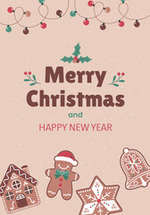 Merry Christmas and Happy New Year card with cookies and garlands on a beige background