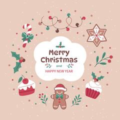 Merry Christmas and Happy New Year card with cookies, cupcakes and garlands on a beige background