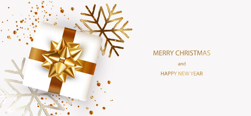 Merry Christmas and New Year white banner background with Christmas gift box, golden bow, silver snowflake, glitter confetti. Xmas realistic card. Vector greeting Holiday poster.