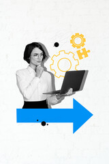 Vertical photo collage of serious businesswoman freelancer hold laptop gears puzzle icon think plan...