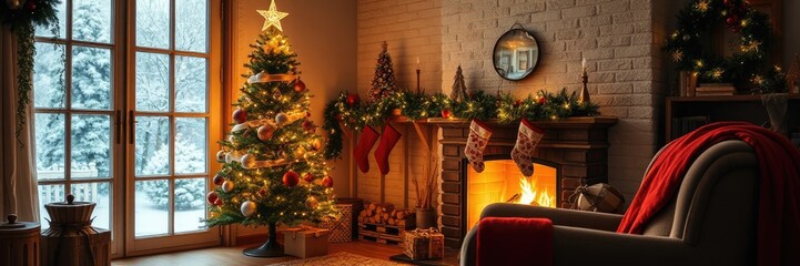 christmas tree decorations. cozy and festive living room decorated for Christmas. A beautifully adorned Christmas tree stands prominently, sparkling with lights and ornaments, and draped in red ribbon