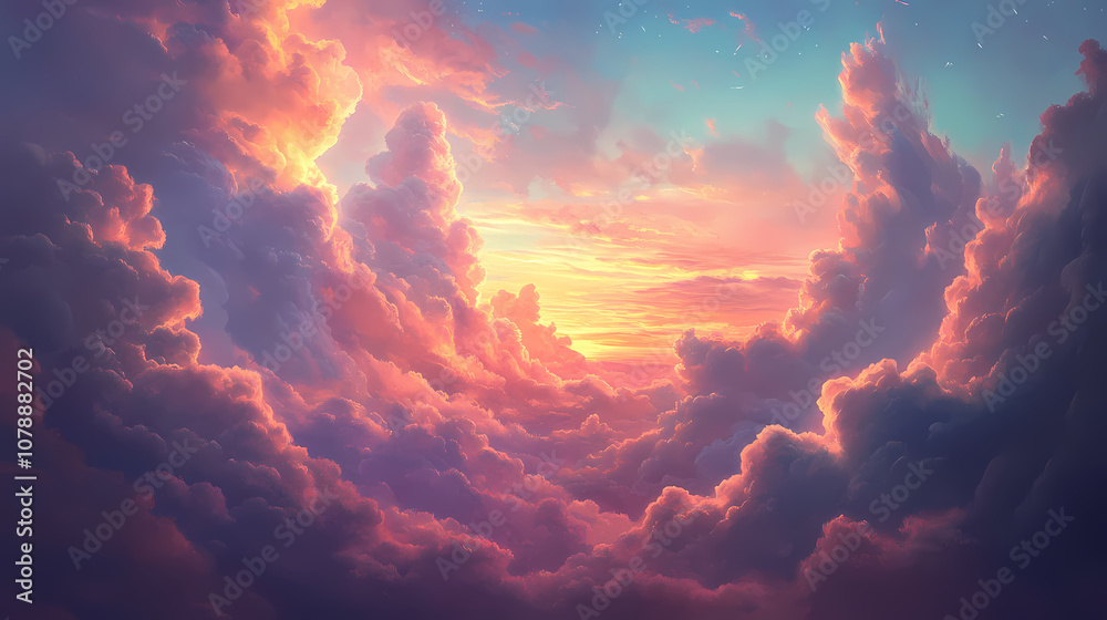 Wall mural dreamy ethereal sky with colorful pastel clouds creating a magical and serene atmosphere , dreamcore