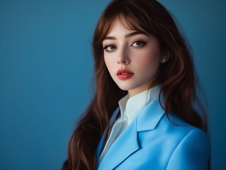 A woman in a blue suit posing for a picture