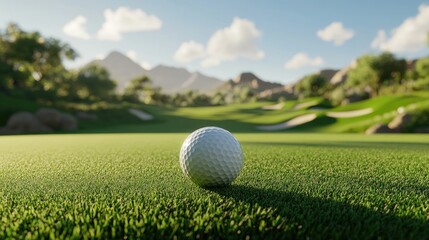 A Close-Up View of a White Golf Ball on a Lush Green Fairway Surrounded by Mountains Under a Clear Blue Sky with Soft Clouds in the Background