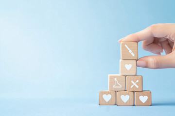 Health Insurance Concept, Hand of woman arranging wood cube stacking with icon healthcare medical on blue background, copy space
