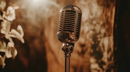 Vintage Microphone on a Stand in a Cozy Setting with Warm Lighting, Perfect for Music Themes and Artistic Concepts Related to Performance and Sound