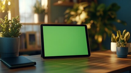 iPad with green screen on a wooden desk in a stylish home office setup