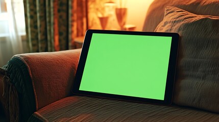 iPad with green screen resting against a pillow on a cozy armchair