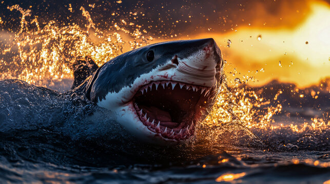 The embodiment of fear in the waters of the ocean: a shark with a huge mouth full of sharp teeth, on the verge of attacking. 