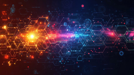 Complex hexagonal network glowing with data transferring across cyberspace, creating a futuristic and technological background